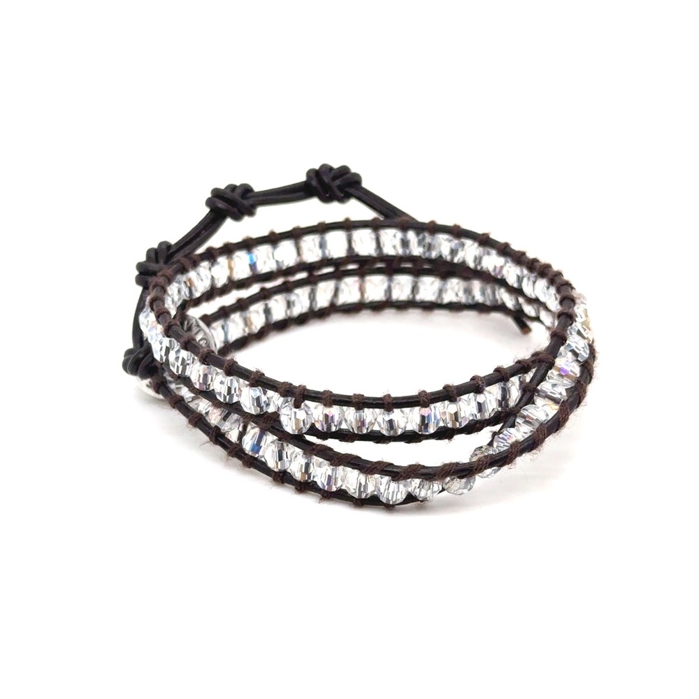 Victoria Emerson Crystal Wrap Bracelet Brown Leather Silver Button Clasp Boho